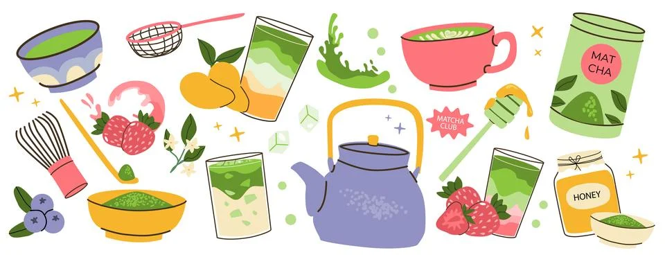 Vector matcha tea elements set. Flat cartoon illustration isolated on white. Stock Illustration