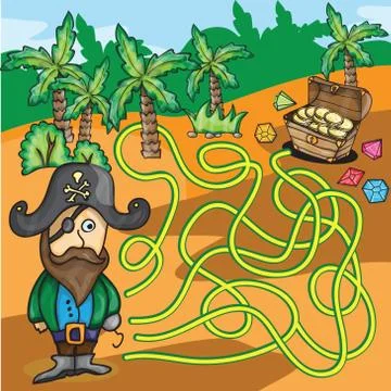 Vector Maze Game - Pirate Try to Find Treasure Box Stock Illustration
