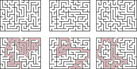 Vector maze Labyrinth with Included Solution in Black Red. Funny Educational Stock Illustration