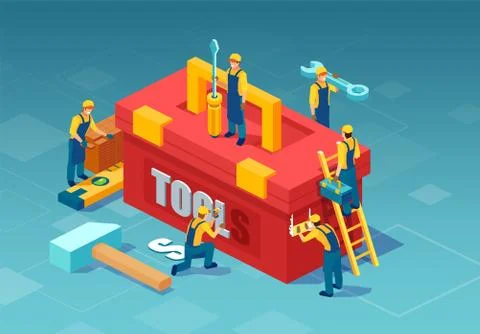 Vector of a mechanic, handymen working around a tool box. Stock Illustration