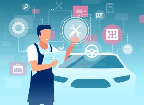 Vector of a mechanic inspecting a car using tablet app with a virtual user in Stock Illustration