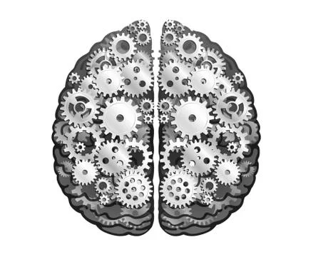 Vector Mechanical Human Brain. Silver Metal Cog Wheels And Gears. Illustrazione stock