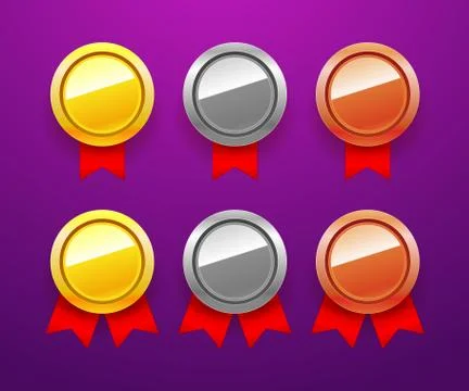 Vector medal icons set. Blank Medal Awards with Red Ribbon, gold, silver, bronze Stock Illustration