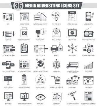 Vector Media adversiting black icon set. Dark grey classic icon design for web. イラスト素材
