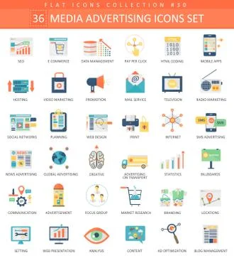 Vector Media advertising color flat icon set. Elegant style design. Stock Illustration