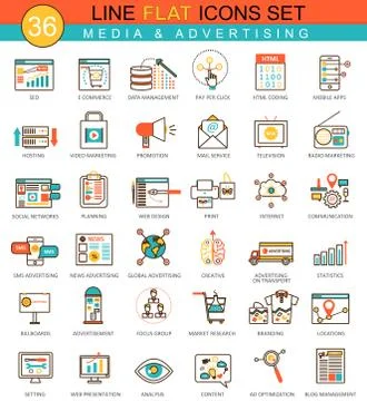 Vector media advertising flat line icon set. Modern elegant style design  for we Stock Illustration