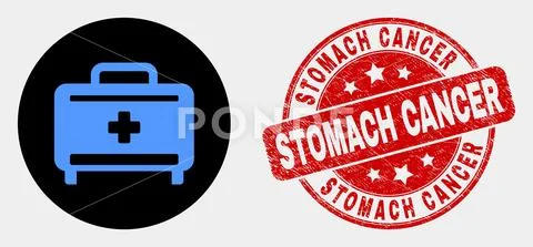 Vector Medical Baggage Icon and Scratched Stomach Cancer Stamp Seal Stock Illustration