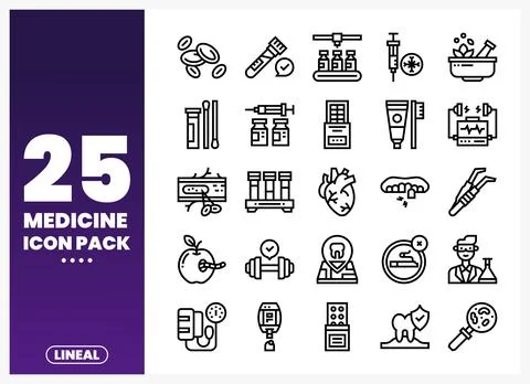 Vector medical icon pack on white background with purple gradient text Stock Illustration