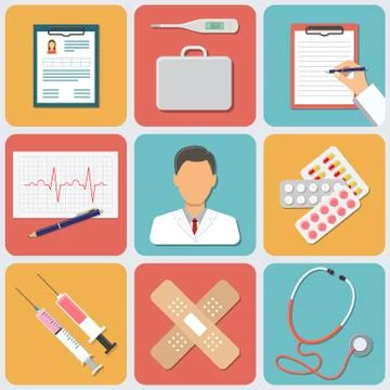 Vector Medical Icons Set. Flat Design Stock Illustration