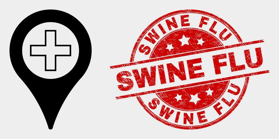 Vector Medical Map Marker Icon and Distress Swine Flu Stamp Seal Stock Illustration