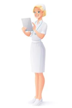 Vector medical nurse in uniform using touch pad tablet computer. Stock Illustration