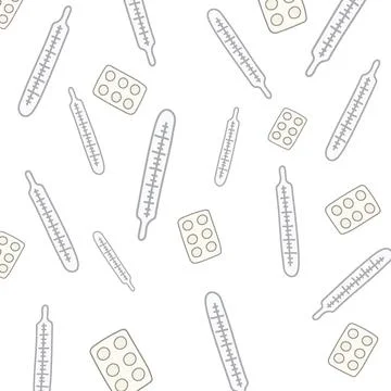 Vector medical pattern of thermometers and pills Stock Illustration