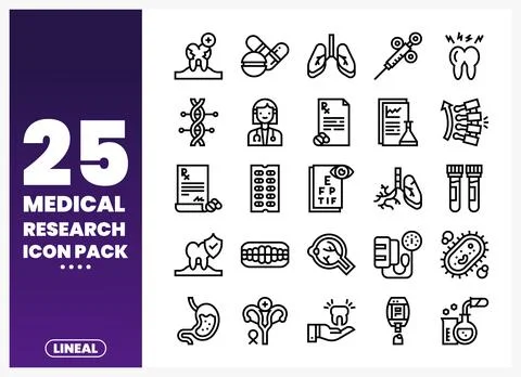 Vector medical research icon pack with lineal symbols Stock Illustration
