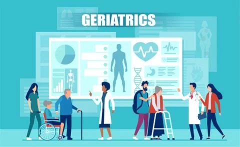 Vector of medical team assisting elderly patients with disabilities using med Stock Illustration