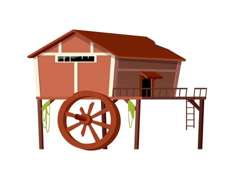 Vector of medieval abandoned water mill with damaged wheel and broken windows Ilustración de archivo