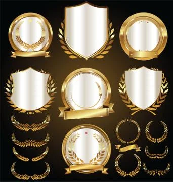 Vector medieval golden shields laurel wreaths and badges collection Stock Illustration