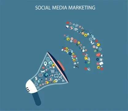 Vector of a megaphone and multiple socila media icons in the form of feedback Stock Illustration