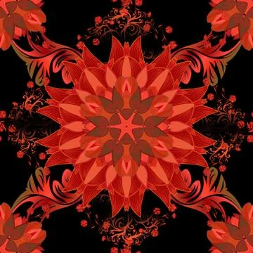 Vector mehndi pattern, set of seamless borders on black and red colors. Traditio Stock Illustration