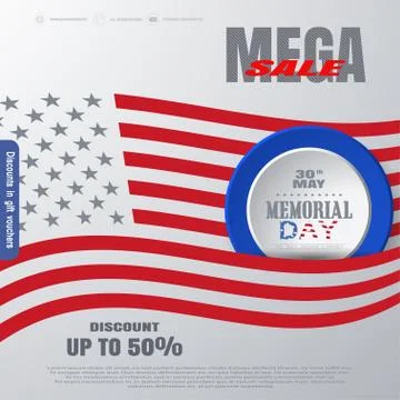 Vector Memorial Day Mega sale poster with round blue round label cut from p.. Stock Illustration