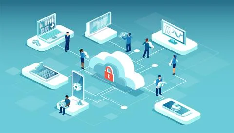 Vector of men and women using cloud service Stock Illustration