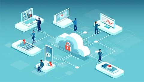 Vector of men and women using mobile devices and computers uploading data on  Stock Illustration