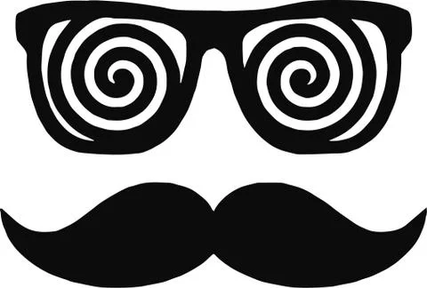 Vector men face with long mustache and huge, hipster glasses.Isolated on whit Stock Illustration