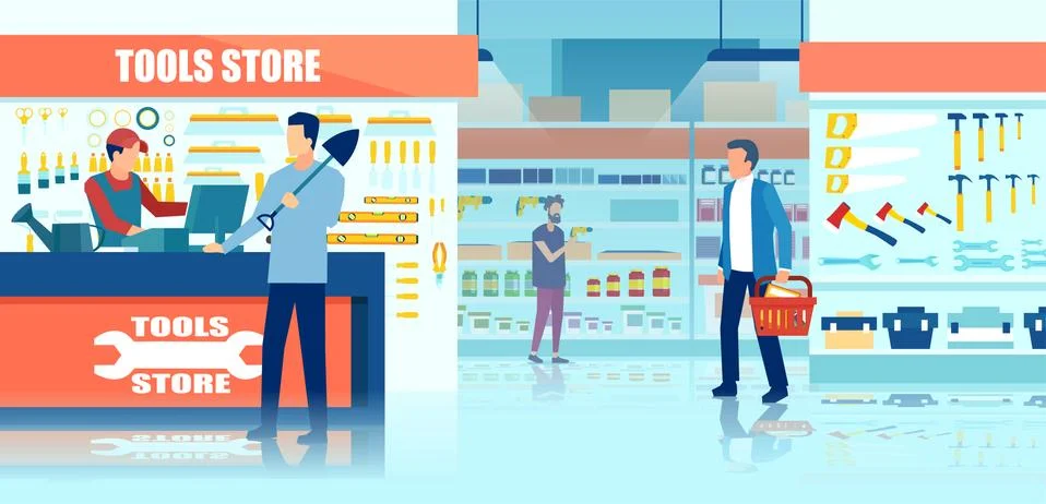 Vector of men shopping at tools hardware store Stock Illustration