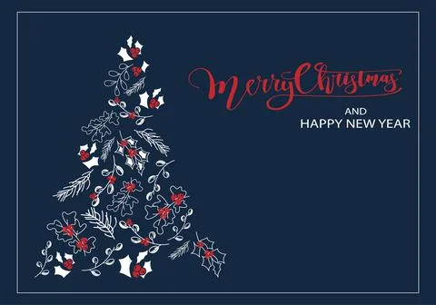 Vector. Merry Christmas and Happy New Year floral background, text design. Stock Illustration
