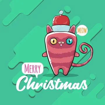 Vector Merry Christmas funky greeting card or banner with kawaii cute Santa Stock Illustration