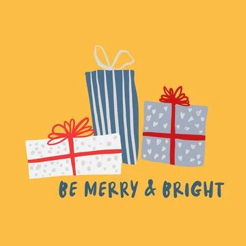Vector Merry Christmas interior poster with gift boxes and lettering. Hand Stock Illustration