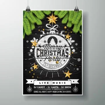 Vector Merry Christmas Party design with holiday typography elements and gold Stock Illustration