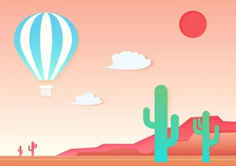 Vector Mesa, cactus and air hot ballon in the desert. Applique paper cut art Ilustración de archivo