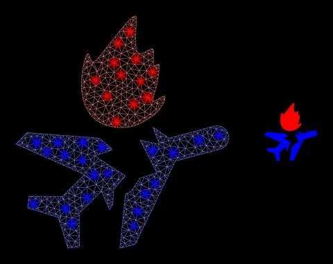 Vector Mesh Net Airplane Crash with Light Wire Frame Stars Illustrazione stock