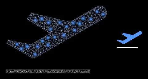 Vector Mesh Net Airplane Takeoff with Illumitated Carcass Flashes Illustrazione stock