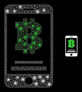 Vector Mesh Net Bitcoin Mobile Account with Illumitated Wire Frame Flashes Stock Illustration
