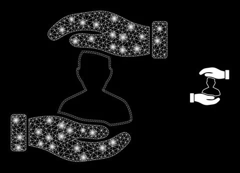 Vector Mesh Net Customer Care Hands with Glowing Network Flares 库存插图
