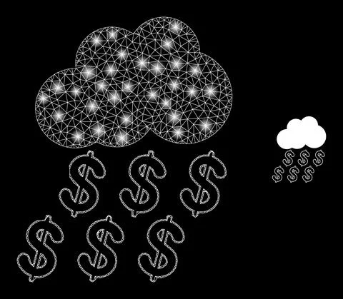 Vector Mesh Net Dollar Rain Cloud with Illumitated Wire Frame Dots Stock Illustration