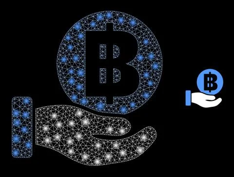 Vector Mesh Net Hand Offer Bitcoin with Illumitated Network Flashes Stock Illustration