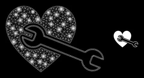 Vector Mesh Net Heart Repair Wrench with Glare Wire Frame Flashes Illustrazione stock