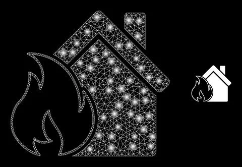Vector Mesh Net House Fire Damage with Glitter Wire Frame Flashes Stock Illustration