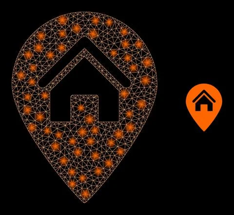 Vector Mesh Net House Map Marker with Light Wire Frame Flashes Stock Illustration