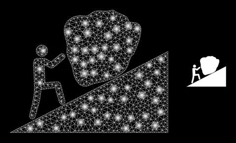 Vector Mesh Net Man Rolling Stone Up with Glowing Constellation Flashes 스톡 일러스트