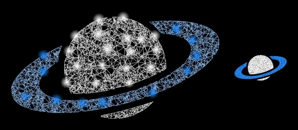 Vector Mesh Net Saturn Planet with Shiny Constellation Flashes Stock Illustration