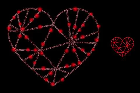 Vector Mesh Net Triangulated Love Heart with Glowing Network Flashes Stock Illustration