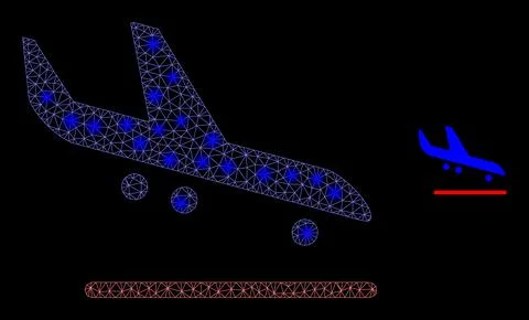 Vector Mesh Web Airplane Arrival with Shiny Wire Frame Dots Illustrazione stock