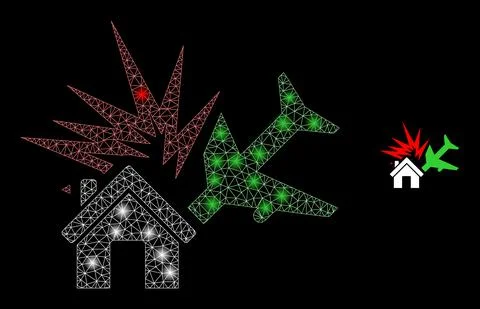 Vector Mesh Web Airplane Disaster with Illumitated Wire Frame Flares Illustrazione stock
