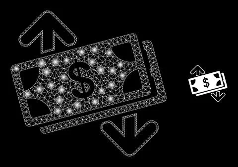 Vector Mesh Web Banknotes Exchange Arrows with Glitter Constellation Flashes Stock Illustration