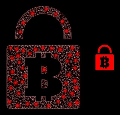 Vector Mesh Web Bitcoin Lock with Glitter Network Dots Stock Illustration