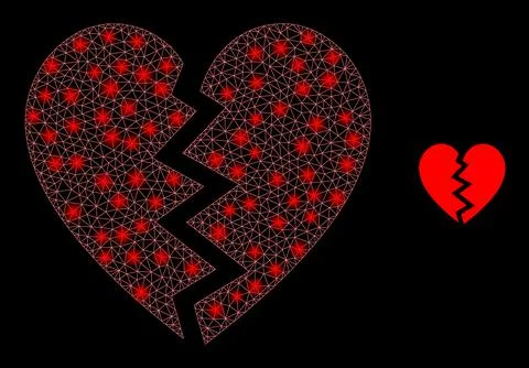 Vector Mesh Web Broken Heart with Glowing Constellation Flashes Stock Illustration