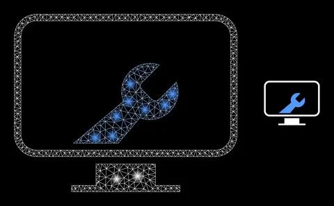 Vector Mesh Web Computer Settings Wrench with Glowing Carcass Flares 스톡 일러스트